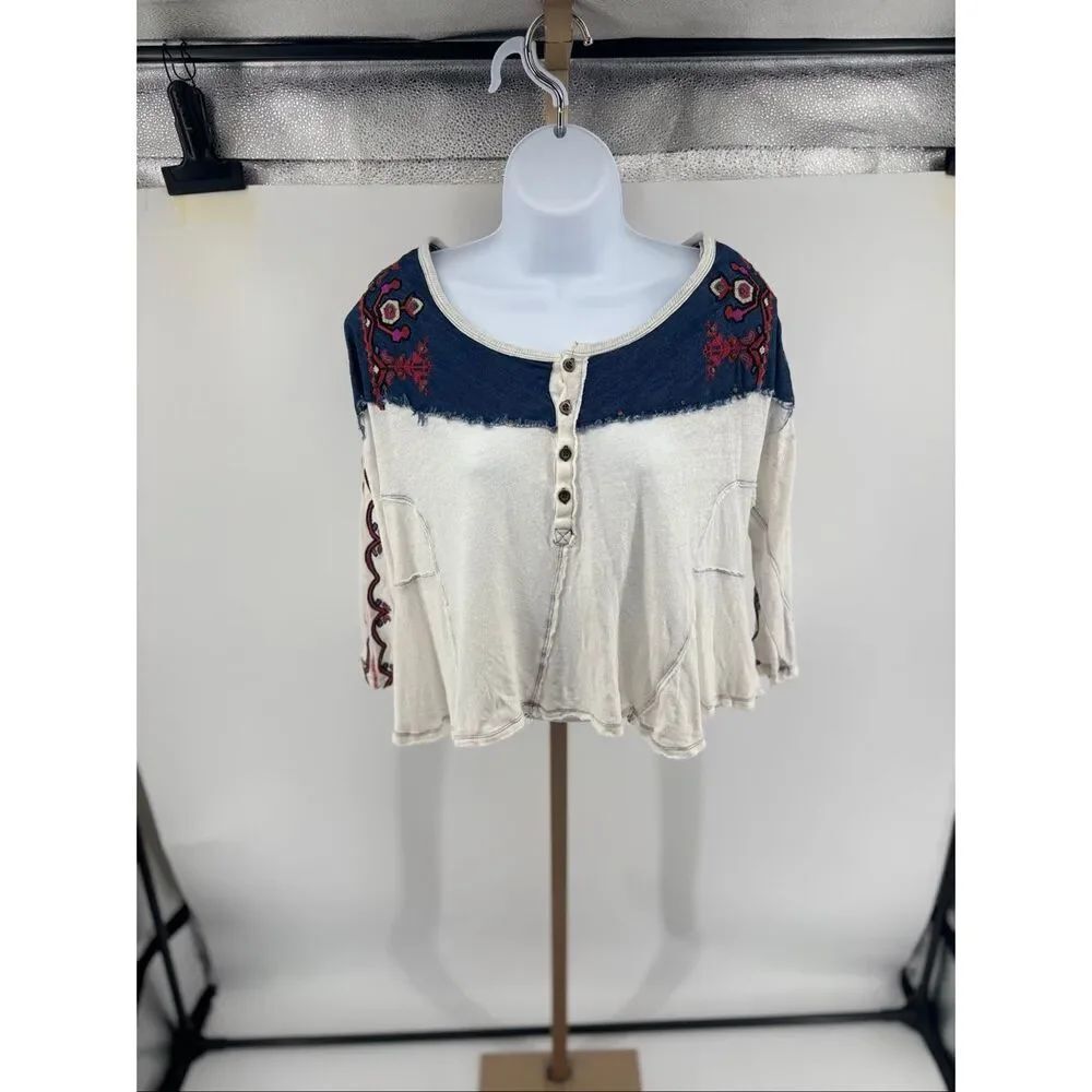 Free People We The Free Rio Henley Small Cream Navy Embroidered Indie Boho